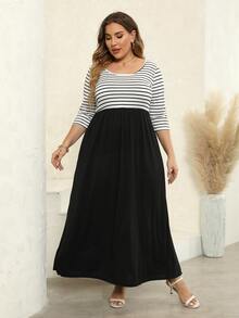 Đầm Plus Size Khối Màu Sọc Giải trí - màu đen - Xem 3