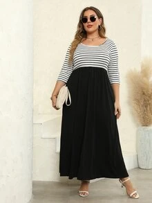Đầm Plus Size Khối Màu Sọc Giải trí - màu đen - Xem 4