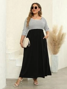 Đầm Plus Size Khối Màu Sọc Giải trí - màu đen - Xem 5