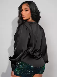 SHEIN SXY 堆堆領燈籠袖襯衫 - 黑色 - 查看 2