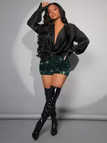 SHEIN SXY 堆堆領燈籠袖襯衫 - 黑色 - 查看 4