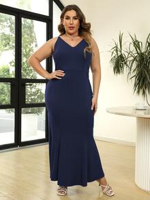 Vestido unicolor bajo sirena - Azul Marino - Ver 5