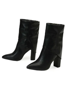 Minimalist Point Toe Chunky Heeled Classic Boots - Black - View 5
