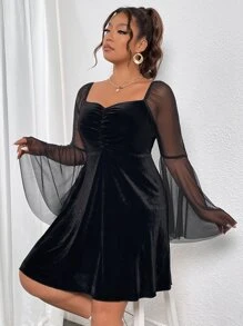 SHEIN Unity Đầm Plus Size Tương phản Mesh cắt màu trơn Hấp dẫn - màu đen - Xem 1