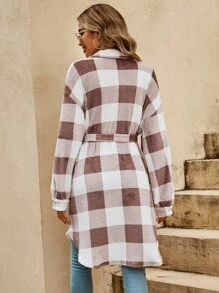 SHEIN LUNE Abrigo con patrón de cuadros con bolsillo con solapa de hombros caídos de franela - Multicolor - Ver 2