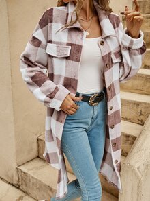 SHEIN LUNE Abrigo con patrón de cuadros con bolsillo con solapa de hombros caídos de franela - Multicolor - Ver 3