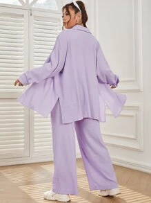 SHEIN Qutie Camisa de hombros caídos con pantalones - Lila Púrpura - Ver 2