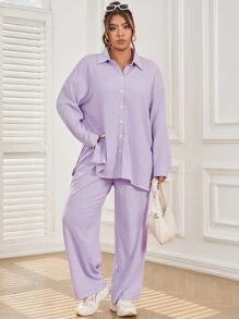 SHEIN Qutie Camisa de hombros caídos con pantalones - Lila Púrpura - Ver 3