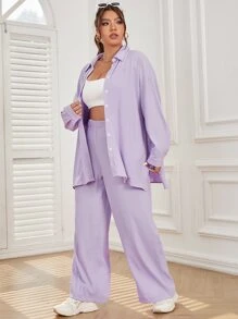 SHEIN Qutie Camisa de hombros caídos con pantalones - Lila Púrpura - Ver 4