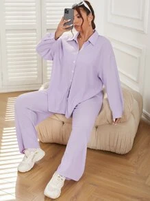 SHEIN Qutie Camisa de hombros caídos con pantalones - Lila Púrpura - Ver 5