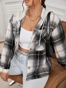 SHEIN LUNE Plus Plaid Flap Pocket Drop Shoulder Drawstring Hooded Coat - Multicolor - View 3