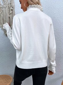 SHEIN LUNE Eyelet Embroidery Ruffle Trim Flounce Cuff Cardigan Fall Winter Cloth For Women - White - View 2