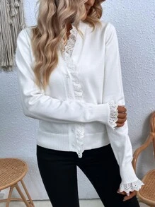 SHEIN LUNE Eyelet Embroidery Ruffle Trim Flounce Cuff Cardigan Fall Winter Cloth For Women - White - View 3