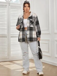 SHEIN LUNE Plus Plaid Flap Pocket Drop Shoulder Drawstring Hooded Coat - Multicolor - View 6