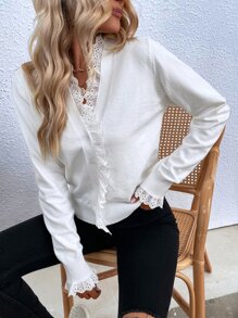 SHEIN LUNE Eyelet Embroidery Ruffle Trim Flounce Cuff Cardigan Fall Winter Cloth For Women - White - View 6