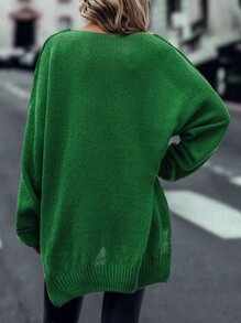 SHEIN LUNE Batwing Sleeve Split High Low Hem Jumper - Green - View 2