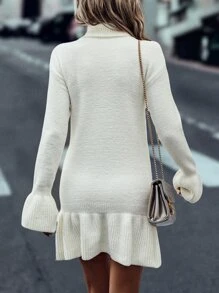 SHEIN Frenchy Vestido de punto cuello alto de puño con volante bajo con fruncido - Beis - Ver 2