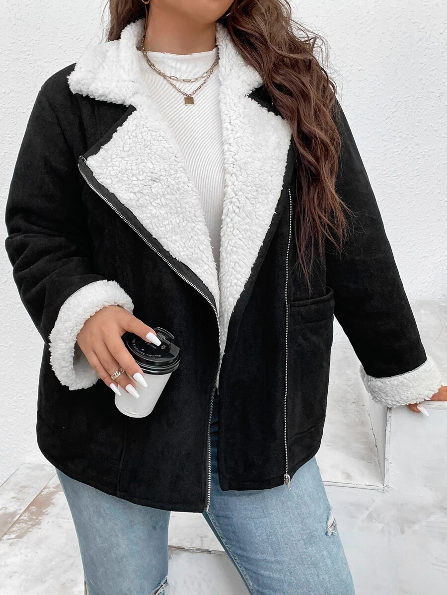 Flirla Áo khoác da lộn giả lót gấu cổ ve Plus, cho mùa đông - màu đen - Xem 1