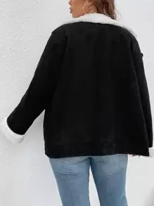 Flirla Áo khoác da lộn giả lót gấu cổ ve Plus, cho mùa đông - màu đen - Xem 2