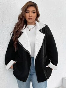 Flirla Áo khoác da lộn giả lót gấu cổ ve Plus, cho mùa đông - màu đen - Xem 4