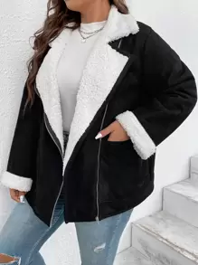 Flirla Áo khoác da lộn giả lót gấu cổ ve Plus, cho mùa đông - màu đen - Xem 5