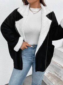 Flirla Áo khoác da lộn giả lót gấu cổ ve Plus, cho mùa đông - màu đen - Xem 6
