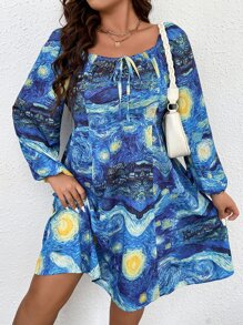 大碼圖案印花前打結燈籠袖連衣裙 - 藍色 - 查看 1