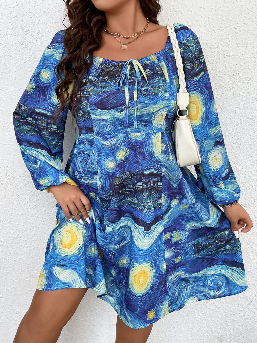 大碼圖案印花前打結燈籠袖連衣裙 - 藍色 - 查看 1