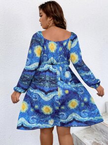 大碼圖案印花前打結燈籠袖連衣裙 - 藍色 - 查看 2