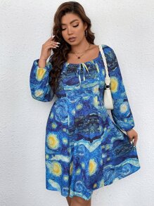 大碼圖案印花前打結燈籠袖連衣裙 - 藍色 - 查看 4