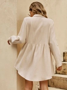 SHEIN LUNE Roll Tab Sleeve Button Front Shirt Dress - Apricot - View 2
