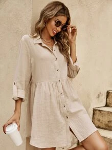 SHEIN LUNE Roll Tab Sleeve Button Front Shirt Dress - Apricot - View 6