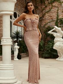 Missord Ruffle Trim Tube Sequin Prom Dress - Champagne - View 3