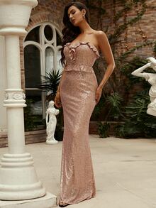 Missord Ruffle Trim Tube Sequin Prom Dress - Champagne - View 5