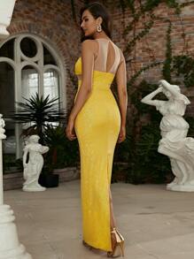 Missord 露背拼接透視網紗亮片舞會連衣裙 - 黃色 - 查看 2