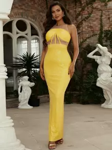 Missord 露背拼接透視網紗亮片舞會連衣裙 - 黃色 - 查看 1