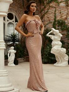 Missord Ruffle Trim Tube Sequin Prom Dress - Champagne - View 8