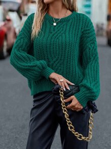 Round Neck Drop Shoulder Jumper - Dark Green - View 1