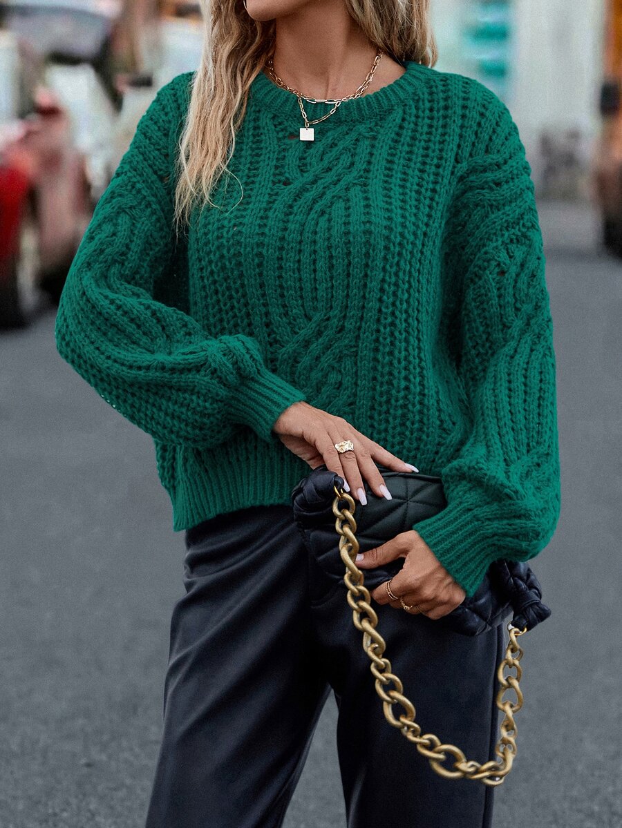 Round Neck Drop Shoulder Jumper - Dark Green - View 1