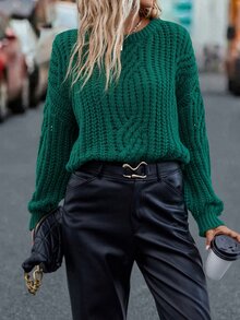 Round Neck Drop Shoulder Jumper - Dark Green - View 4