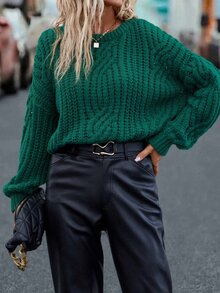 Round Neck Drop Shoulder Jumper - Dark Green - View 5