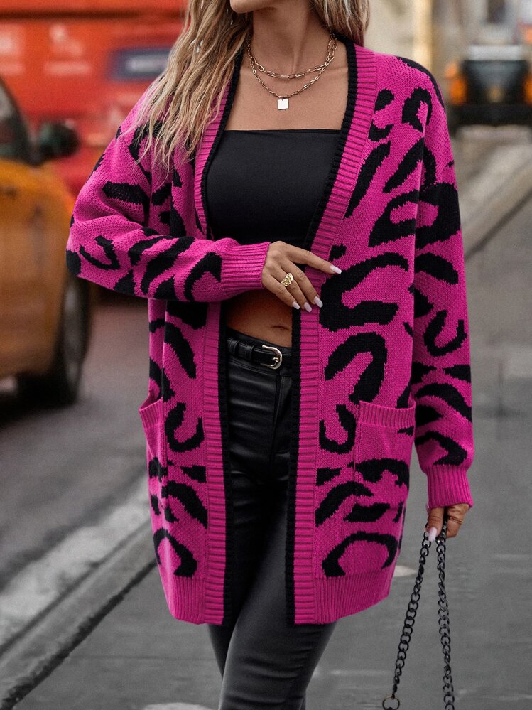 EMERY ROSE Graphic Pattern Drop Shoulder Pocket Patched Duster Cardigan,Long Sleeve Tops Fall Winter Cloth For Women - Hot Pink - View 4
