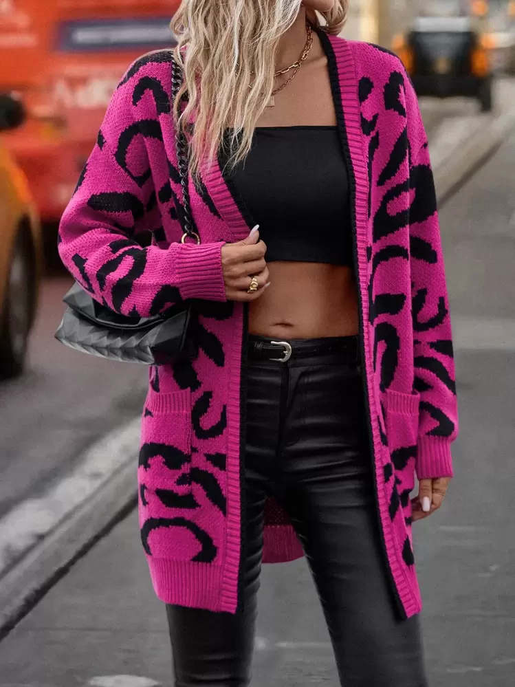 EMERY ROSE Graphic Pattern Drop Shoulder Pocket Patched Duster Cardigan,Long Sleeve Tops Fall Winter Cloth For Women - Hot Pink - View 6