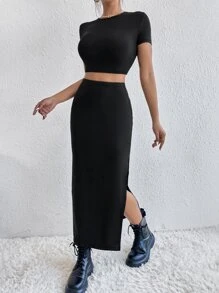 SHEIN Essnce Bộ đồ hai mảnh nữ Cắt ra Tách cao màu trơn Giải trí - màu đen - Xem 2