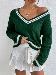 SHEIN Unity Striped Trim V-neck Drop Shoulder Cable Knit Jumper - Green - View 3
