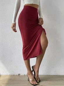 SHEIN Essnce Falda fruncido con cordón de muslo con abertura - Burdeos - Ver 3