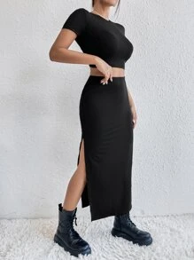 SHEIN Essnce Bộ đồ hai mảnh nữ Cắt ra Tách cao màu trơn Giải trí - màu đen - Xem 3