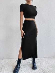 SHEIN Essnce Bộ đồ hai mảnh nữ Cắt ra Tách cao màu trơn Giải trí - màu đen - Xem 5