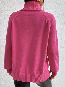 SHEIN Essnce Turtleneck Raglan Sleeve Split Hem Jumper - Hot Pink - View 2