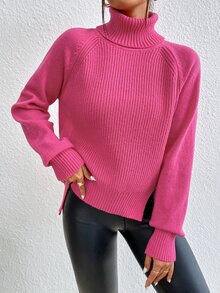 SHEIN Essnce Turtleneck Raglan Sleeve Split Hem Jumper - Hot Pink - View 3